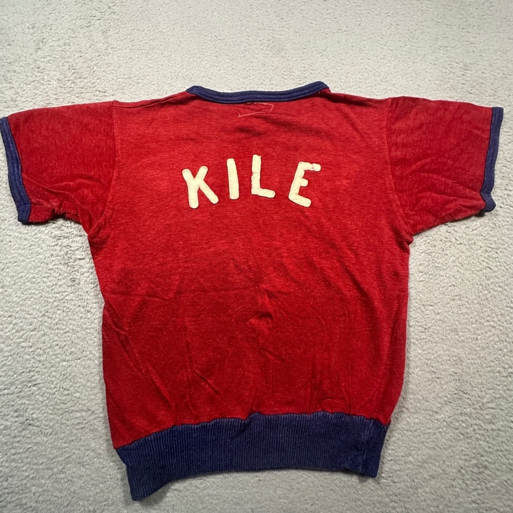 True Vintage Mid Century Wilson Durene Ringer Jersey M Red Felt‎ Lettering Tee